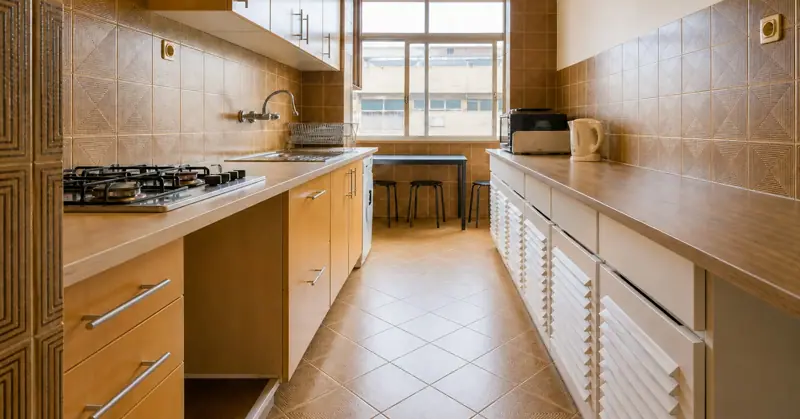 Galley kitchen with wooden cabinets